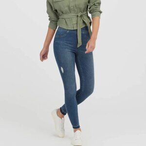 SPANX Blue Medium Wash Distressed Denim Pull On Skinny Jeans Size S